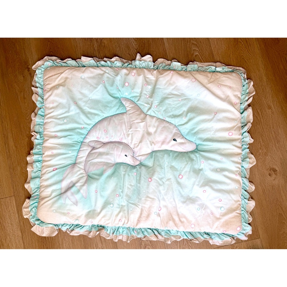 RARE Judi S Vintage Dolphin Nursery Quilt Baby Blanket Ocean Mint Ruffle USA